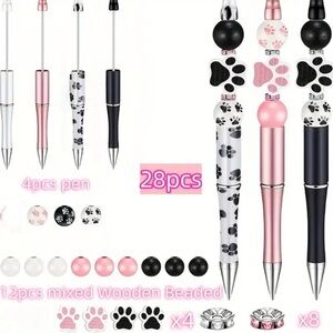 🐾 Paw Print Beaded Pen Set – 28-Piece DIY Cute Writing Pen Kit